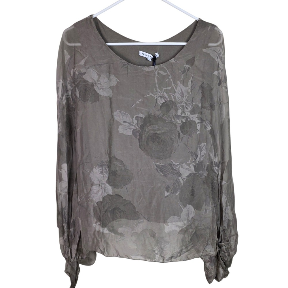 Tempo Paris Floral Blouse Women XL Gray Silk Blend Dolman Sleeve Italy